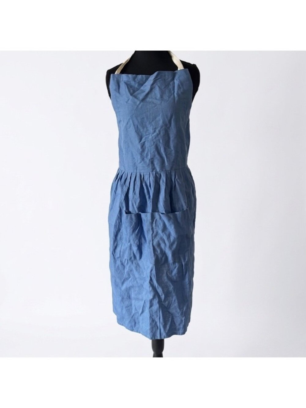 100% Linen Apron Made In India Blue Pockets ONE SIZE FITS MOST Farm Cottage NWT